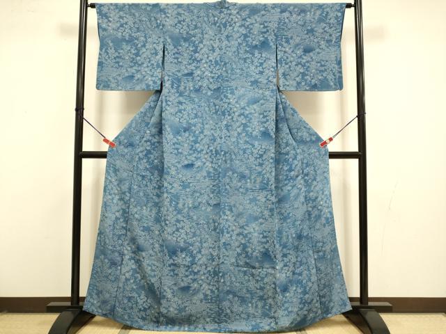 平和屋着物▽上質な小紋　単衣　無形文化財手差玉藍染　風景花文　本場藍染研究所　伊と幸　証紙付き　正絹　逸品　DABI4499du
