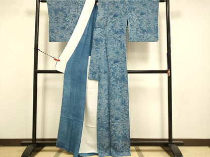 平和屋着物▽上質な小紋　単衣　無形文化財手差玉藍染　風景花文　本場藍染研究所　伊と幸　証紙付き　正絹　逸品　DABI4499du