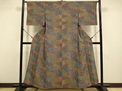 平和屋着物▽上質な小紋　単衣　地紙重ね花文　鬼しぼ縮緬　正絹　逸品　未使用　DABI4502du