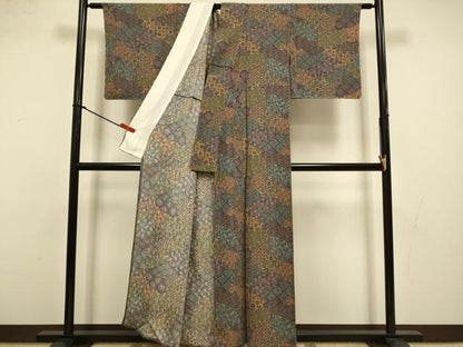 平和屋着物▽上質な小紋　単衣　地紙重ね花文　鬼しぼ縮緬　正絹　逸品　未使用　DABI4502du