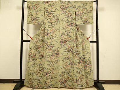 平和屋着物▽上質な小紋　単衣　型染　風景花松文　鬼しぼ縮緬　正絹　逸品　DABI4503du