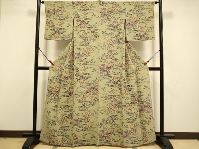 平和屋着物▽上質な小紋　単衣　型染　風景花松文　鬼しぼ縮緬　正絹　逸品　DABI4503du