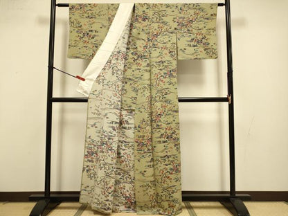 平和屋着物▽上質な小紋　単衣　型染　風景花松文　鬼しぼ縮緬　正絹　逸品　DABI4503du