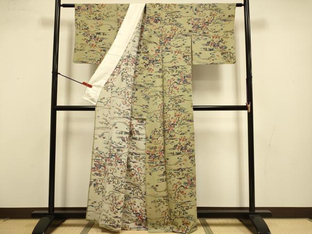 平和屋着物▽上質な小紋　単衣　型染　風景花松文　鬼しぼ縮緬　正絹　逸品　DABI4503du