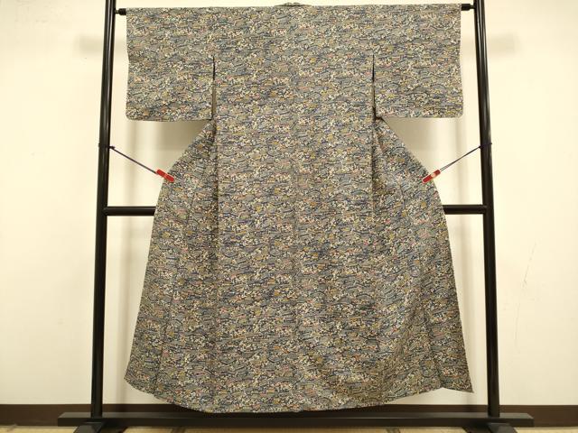 平和屋着物▽上質な小紋　単衣　型染　風景文　正絹　逸品　DABI4504du