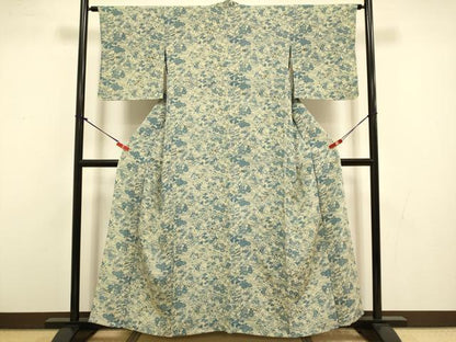 平和屋着物▽上質な小紋　単衣　藍　型染　草花文　正絹　逸品　DABI4506du