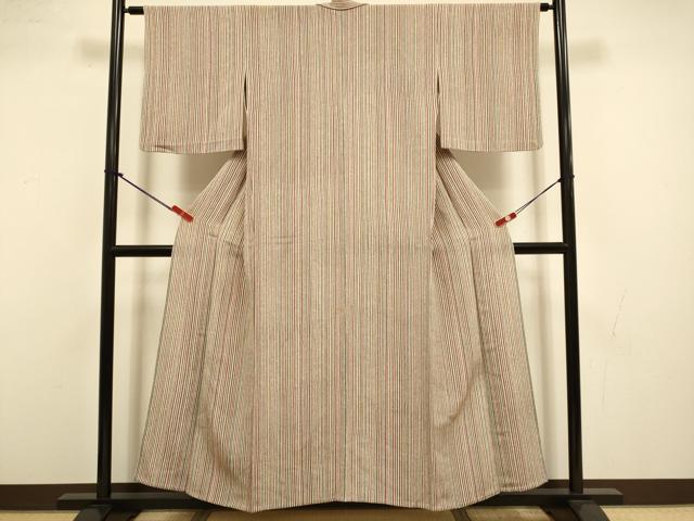 平和屋着物▽上質な小紋　単衣　蝋纈染　作家物　縞　鬼しぼ縮緬　反端付き　正絹　逸品　未使用　DABI4510du