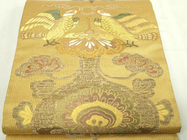 平和屋本店▼六通柄袋帯　描絵双鳥文　本金　正絹　逸品　DABI4521sf
