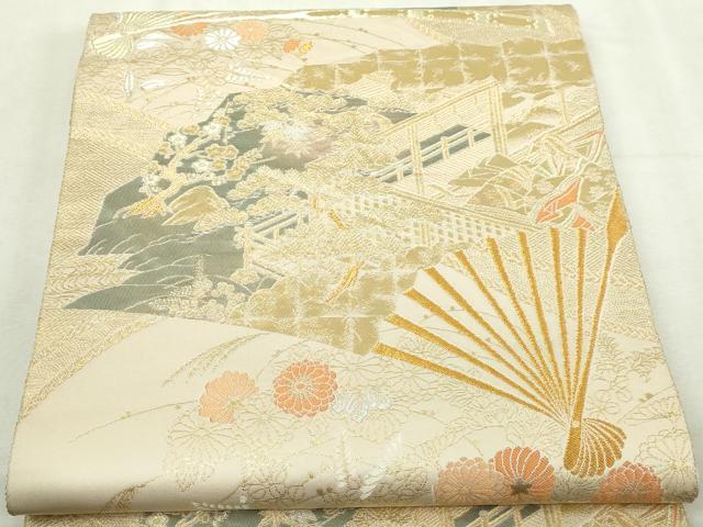 平和屋本店▼六通柄袋帯　蒔絵調桧扇紋　純金箔　手織二重箔　正絹　逸品　DABI4533sf
