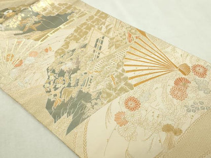 平和屋本店▼六通柄袋帯　蒔絵調桧扇紋　純金箔　手織二重箔　正絹　逸品　DABI4533sf