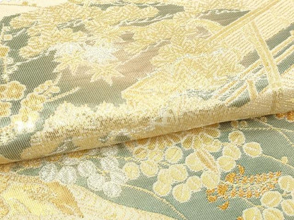 平和屋本店▼六通柄袋帯　蒔絵調桧扇紋　純金箔　手織二重箔　正絹　逸品　DABI4533sf