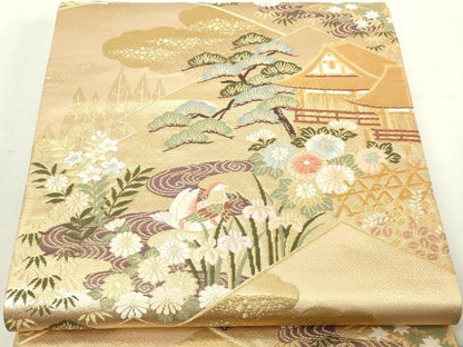 平和屋本店▼六通柄袋帯　唐織　風景花鳥文　本金箔　正絹　逸品　DABI4539sf
