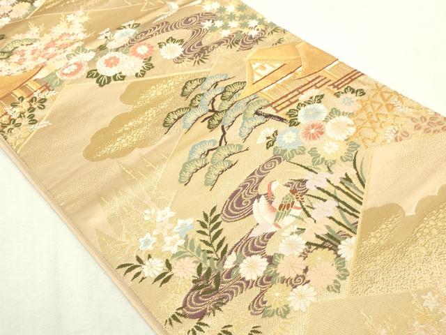 平和屋本店▼六通柄袋帯　唐織　風景花鳥文　本金箔　正絹　逸品　DABI4539sf