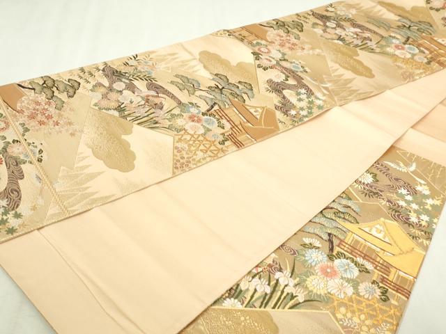 平和屋本店▼六通柄袋帯　唐織　風景花鳥文　本金箔　正絹　逸品　DABI4539sf