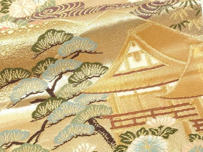 平和屋本店▼六通柄袋帯　唐織　風景花鳥文　本金箔　正絹　逸品　DABI4539sf