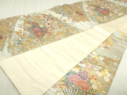 平和屋本店▼六通柄袋帯　唐織　檜扇清薫文　本金箔　正絹　逸品　DABI4542sf
