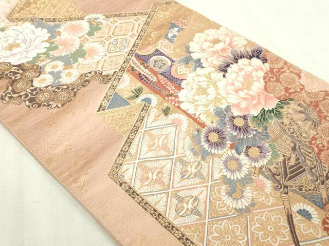 平和屋本店▼六通柄袋帯　唐織　屏風花鳥文　24ｋ純金箔　正絹　逸品　DABI4543sf