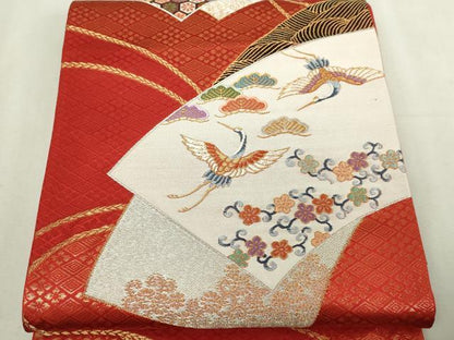 平和屋本店▼六通柄袋帯　扇面に瑞鶴　純金プラチナ箔　正絹　逸品　DABI4557sf