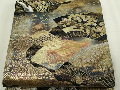 平和屋本店▼六通柄袋帯　地紙草花文　純金二重引箔　正絹　逸品　DABI4558sf