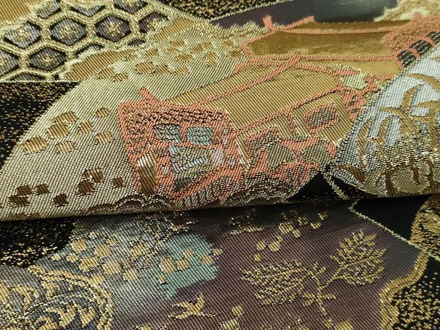 平和屋本店▼六通柄袋帯　地紙草花文　純金二重引箔　正絹　逸品　DABI4558sf