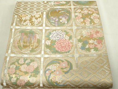 平和屋本店▼西陣　服部織物謹製　六通柄袋帯　唐織　花丸天井格子紋　本金箔　正絹　逸品　DABI4561sf