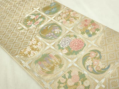 平和屋本店▼西陣　服部織物謹製　六通柄袋帯　唐織　花丸天井格子紋　本金箔　正絹　逸品　DABI4561sf