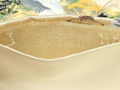 平和屋本店▼六通柄袋帯　唐織　扇面飛鶴文　本金箔24Ｋ　正絹　逸品　DABI4572sf