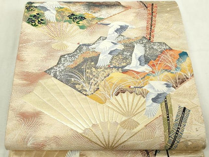 平和屋本店▼六通柄袋帯　唐織　扇面飛鶴文　本金箔24Ｋ　正絹　逸品　DABI4572sf