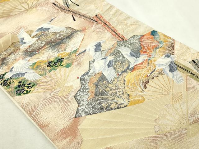 平和屋本店▼六通柄袋帯　唐織　扇面飛鶴文　本金箔24Ｋ　正絹　逸品　DABI4572sf