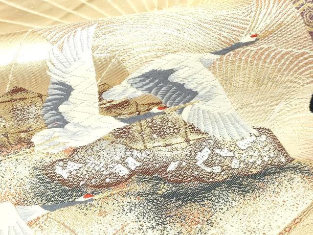 平和屋本店▼六通柄袋帯　唐織　扇面飛鶴文　本金箔24Ｋ　正絹　逸品　DABI4572sf