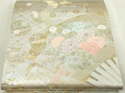 平和屋本店▼六通柄袋帯　扇面草花文　純金二重箔　正絹　逸品　DABI4575sf