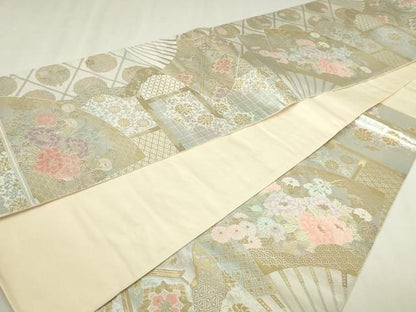 平和屋本店▼六通柄袋帯　扇面草花文　純金二重箔　正絹　逸品　DABI4575sf