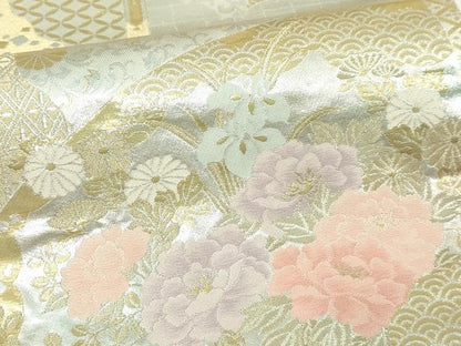 平和屋本店▼六通柄袋帯　扇面草花文　純金二重箔　正絹　逸品　DABI4575sf