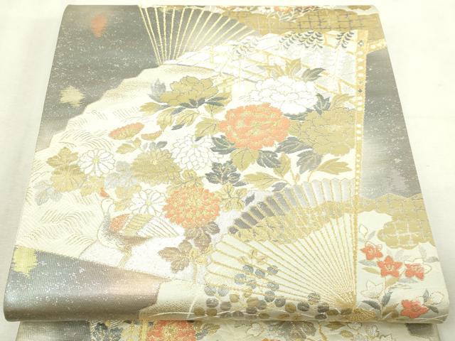 平和屋本店▼六通柄袋帯　扇面草花文　純金二重引箔陵　正絹　逸品　DABI4576sf