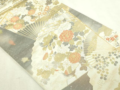 平和屋本店▼六通柄袋帯　扇面草花文　純金二重引箔陵　正絹　逸品　DABI4576sf