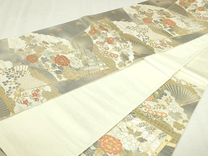 平和屋本店▼六通柄袋帯　扇面草花文　純金二重引箔陵　正絹　逸品　DABI4576sf