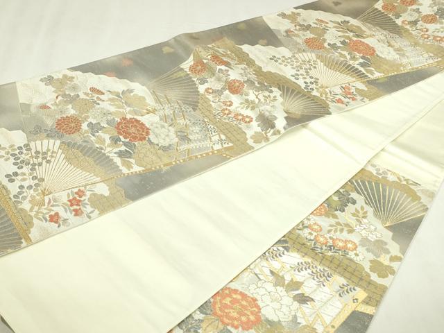 平和屋本店▼六通柄袋帯　扇面草花文　純金二重引箔陵　正絹　逸品　DABI4576sf