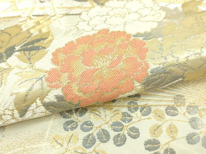 平和屋本店▼六通柄袋帯　扇面草花文　純金二重引箔陵　正絹　逸品　DABI4576sf