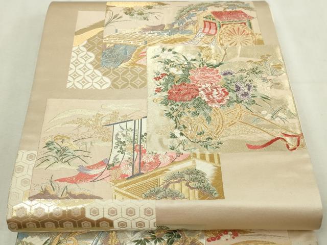 平和屋本店▼六通柄袋帯　唐織　九百錦　色紙花車文　純金箔24Ｋ　正絹　逸品　DABI4580sf