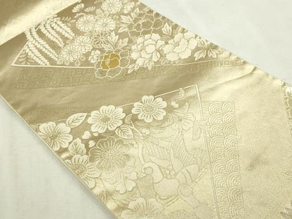 平和屋本店▼六通柄袋帯　花鳥文　24金　金箔二重織　正絹　逸品　DABI4583sf