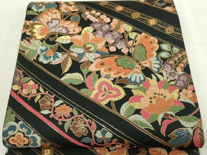 平和屋本店▼六通柄袋帯　更紗花蝶文　黒地　本金箔　正絹　逸品　DABI4588sf