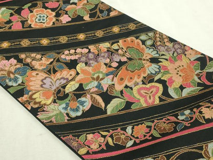 平和屋本店▼六通柄袋帯　更紗花蝶文　黒地　本金箔　正絹　逸品　DABI4588sf
