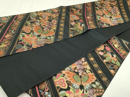 平和屋本店▼六通柄袋帯　更紗花蝶文　黒地　本金箔　正絹　逸品　DABI4588sf