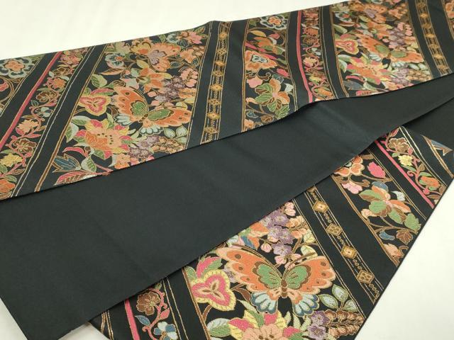 平和屋本店▼六通柄袋帯　更紗花蝶文　黒地　本金箔　正絹　逸品　DABI4588sf