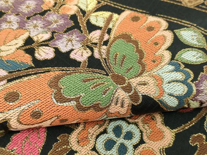平和屋本店▼六通柄袋帯　更紗花蝶文　黒地　本金箔　正絹　逸品　DABI4588sf