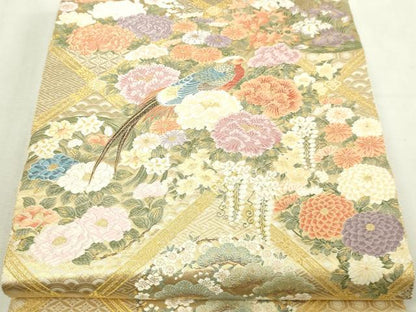 平和屋本店▼六通柄袋帯　唐織　花園格子花鳥　本金箔　正絹　逸品　DABI4594sf