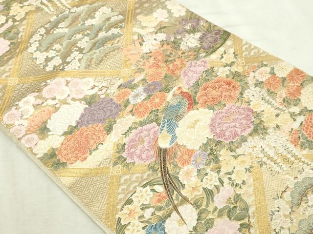 平和屋本店▼六通柄袋帯　唐織　花園格子花鳥　本金箔　正絹　逸品　DABI4594sf