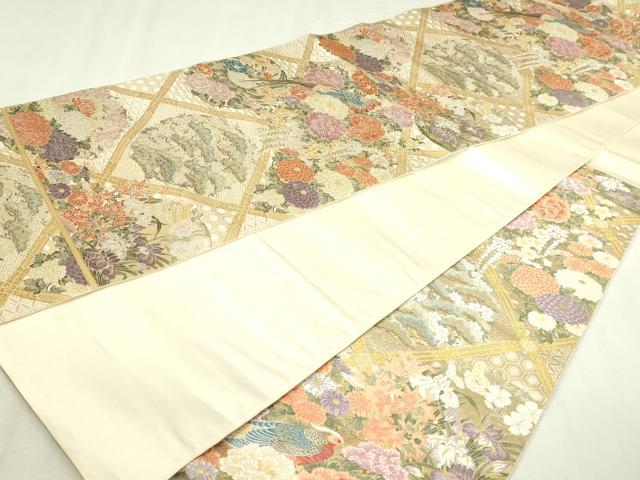 平和屋本店▼六通柄袋帯　唐織　花園格子花鳥　本金箔　正絹　逸品　DABI4594sf