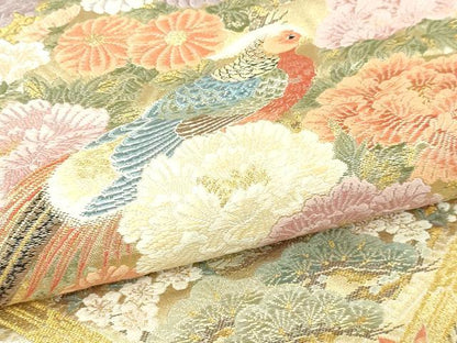 平和屋本店▼六通柄袋帯　唐織　花園格子花鳥　本金箔　正絹　逸品　DABI4594sf