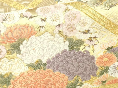 平和屋本店▼六通柄袋帯　唐織　花園格子花鳥　本金箔　正絹　逸品　DABI4594sf